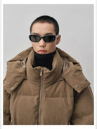 NANS Corduroy Texture Down Puffer Jacket in Beige - On Male Model