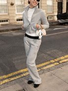 RARELY ALIKE Cropped Stand Collar Zip Jacket in Gray - On Model