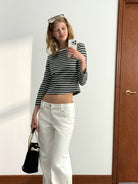PUKI Striped Half Sleeve Cropped T Shirt in Gray - On Model