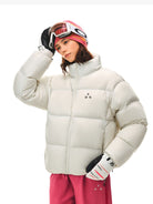 FPA Logo Print Down Puffer Jacket in White - On Female Model