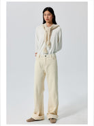 Simple Project Cuffed Corduroy Boot Cut Trousers in White - On Model
