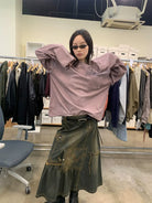 NeverSeez Asymmetric Vintage Wash Denim Skirt in Dark Wash - On Model