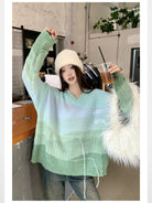 LOSTCTRL Gradient Fringe V Neck Sweater in Green
