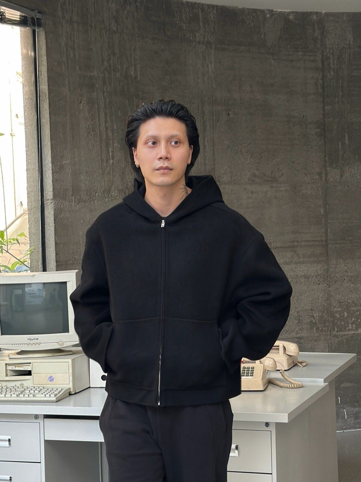 TRIANGLE PROJECT Double Faced Wool Cashmere Hoodie in Black - On Model