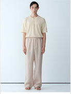 ROYA Elastic Waist Wide Leg Linen Trousers in Beige - On Model