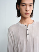 ROYA Linen Cotton Jacquard Henley in Gray - On Model