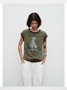 RandomPiece Dog Graphic Flutter Sleeve Tee in Olive - On Model