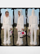 CFIERCE Rhinestone Velvet Flared Pants in White - On Model