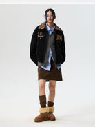 MEDM Leopard Collar Corduroy Padded Jacket in Black - On Female Model