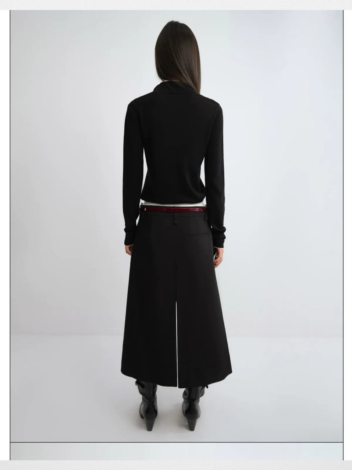 RARELY ALIKE Patent Leather Belt in Burgundy - On Model