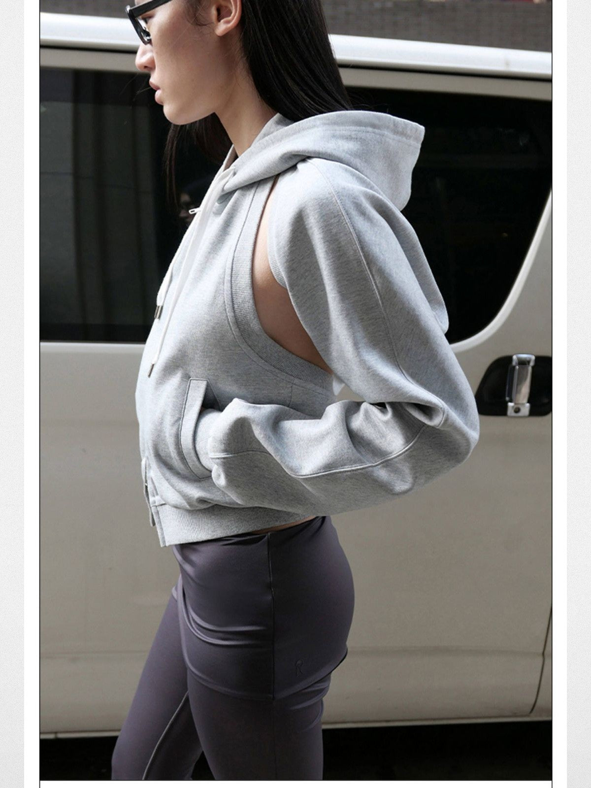RARELY ALIKE Convertible Zip Up Hoodie in Gray - On Model