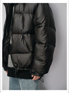 NANS Micro Check Hooded Down Puffer in Black - On Male Model