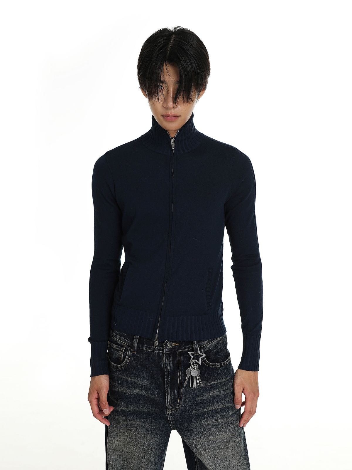 MasonPrince High Neck Cotton Blend Cardigan in Blue - On Male Model