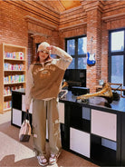 BeerBro Color Block Half Zip Sweatshirt in Beige