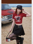 BeerBro Vinyl Print Cropped Baby Tee in Red