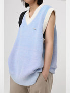 MASONPRINCE Contrast Trim V Neck Knit Vest in Sky Blue - On Female Model