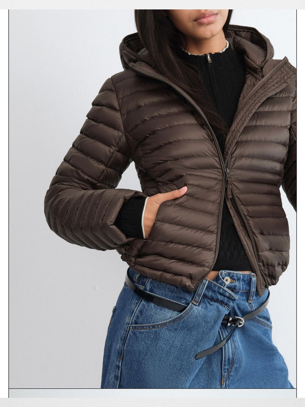 RARELY ALIKE Detachable Hood Down Puffer in Brown - On Model