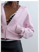RARELY ALIKE Logo Print Zip Up Hoodie in Pink - On Model