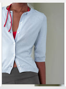 RARELY ALIKE Pure Wool Mid Sleeve Cardigan in Sky Blue - On Model