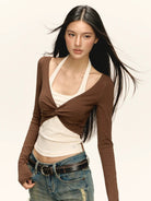 Ariseism Faux Layered Twist Front Top in Brown - On Model