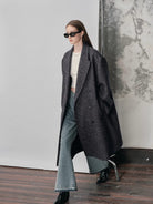 NANS Double Breasted Peak Lapel Wool Coat in Navy Blue