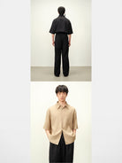 ROYA Boxy Linen Blend Short Sleeve Shirt in Beige - On Model