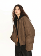 Layered Hooded Faux Leather Bomber in Brown #pose_variant #color_brown