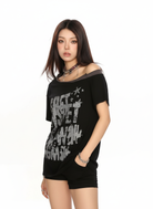 Distressed Graffiti Off Shoulder Tee in Black #pose_variant #color_black