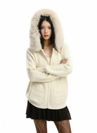 Fur Trimmed Cable Knit Zip Hoodie in White #pose_variant #color_white