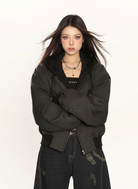 Layered Hooded Faux Leather Bomber in Gray #pose_variant #color_gray