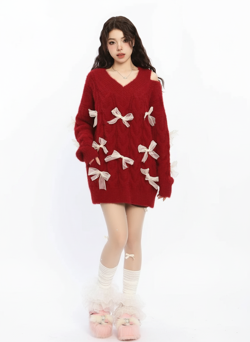 Bow Embellished Cold Shoulder Sweater in Red #pose_variant #color_red
